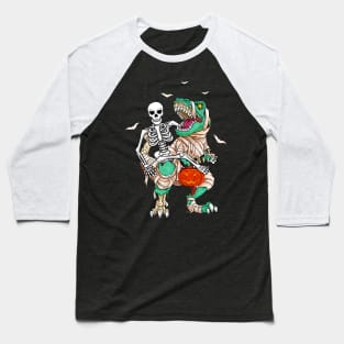 Skeleton Riding Mummy Dinosaur T Rex Kids Funny Halloween Baseball T-Shirt